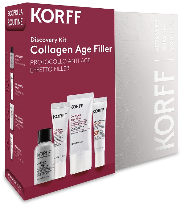 Korff Discovery kit collagen age filler soluzione esfoliante 30 ml + Collagen siero 10 ml + Collagen crema 20 ml + Protezione crema fluida 15 ml