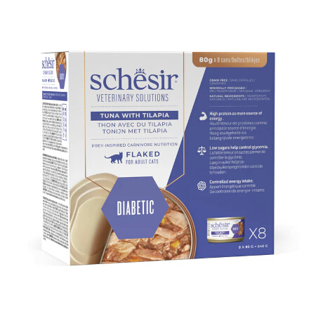 SCHESIR GATTO VETERINARY SOLUTIONS DIABETIC FILETTI TONNETTO CON TILAPIA 8X80GR (lattina) - MULTIPACK