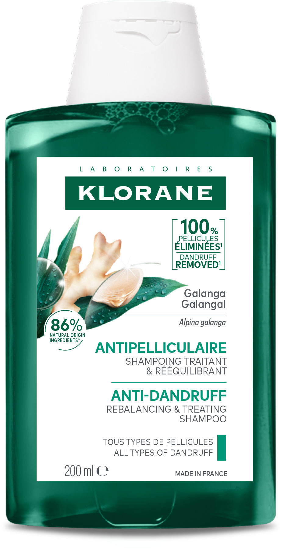 Klorane Anti-Forfora Shampoo trattante e riequilibrante alla Galanga, forfora secca e grassa, 200 ml