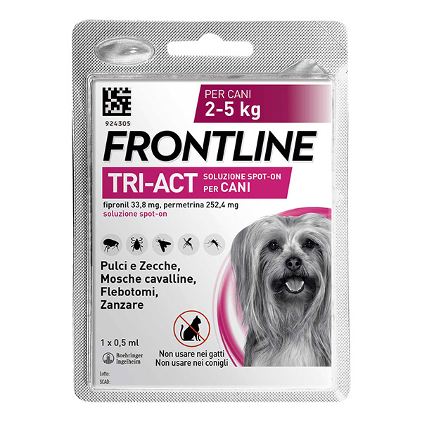 Frontline Tri-Act x1 Pipetta, Antiparassitario Per Cani e Cuccioli (Taglia XS 2-5Kg) Contro Pulci, Zecche, Zanzare, Pappataci e Leishmaniosi