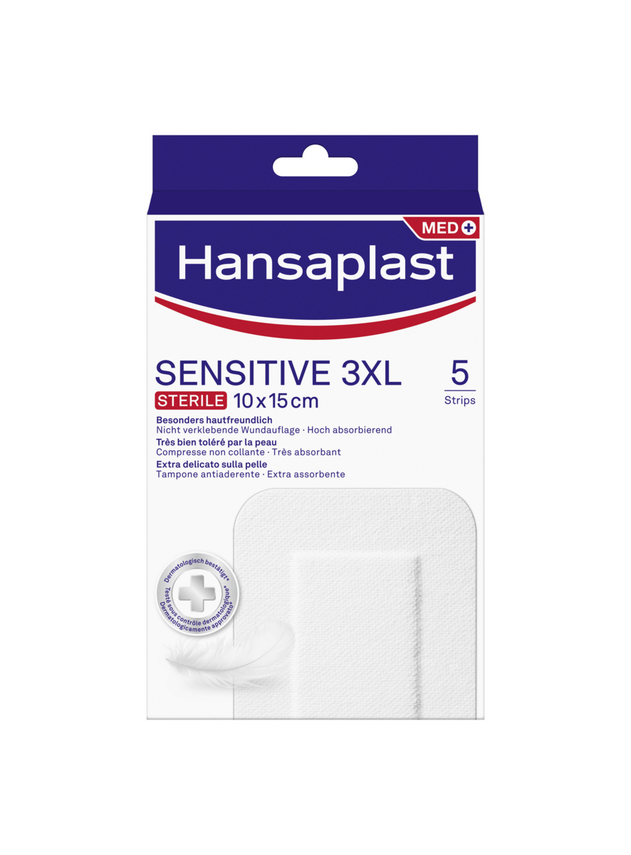 Hansaplast Cerotti Sensitive 3XL, Cerotti medicazione per ferite medio-grandi, 5 pezzi da 8 x 10 cm
