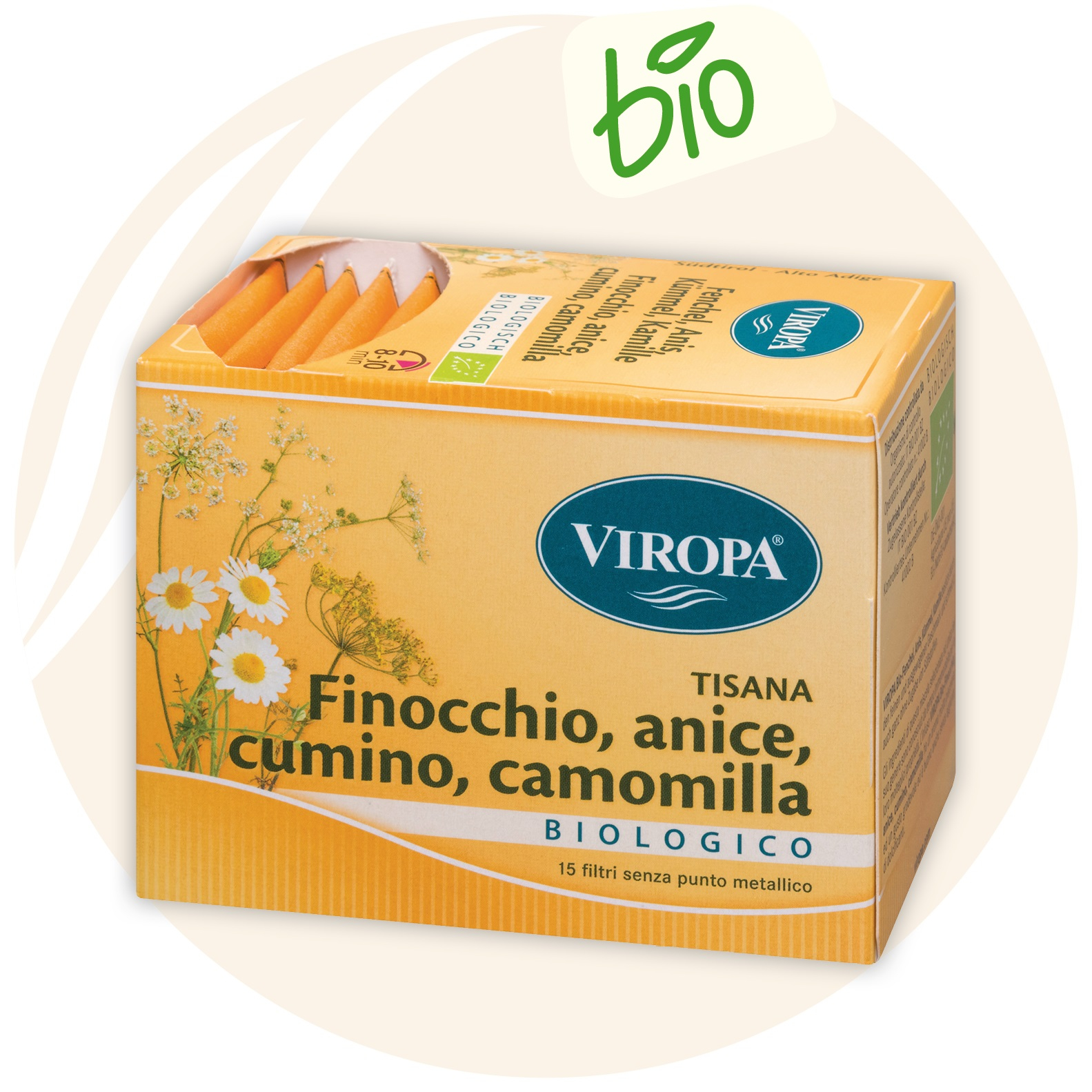 Viropa Finocchio, cumino, anice, camomilla infuso biologico 15 filtri Viropa Finocchio, cumino, anice, camomilla infuso biologico 15 filtri
