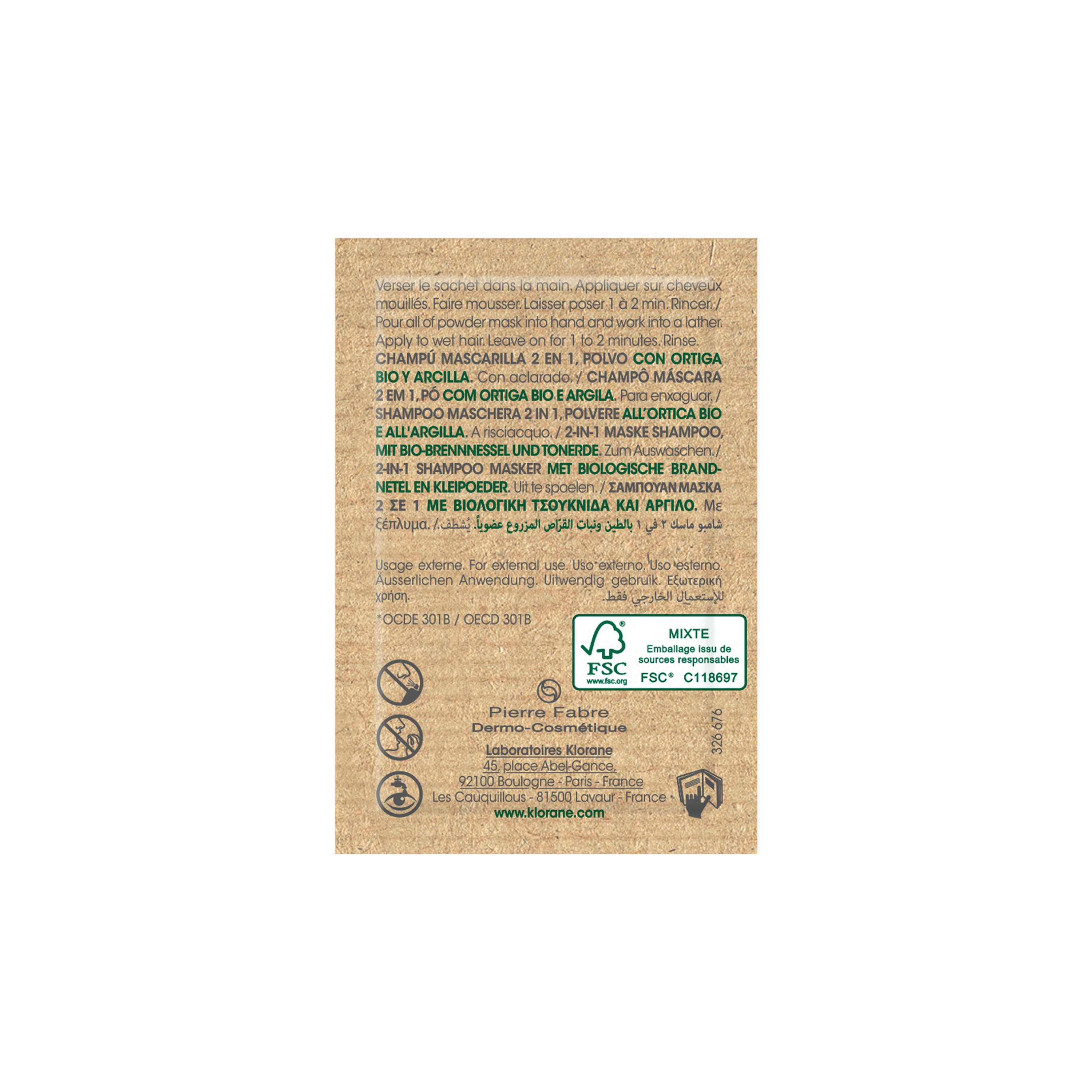 Klorane - Shampoo Maschera All'Ortica Bio E Argilla Per Cuoio Capelluto Grasso 8 Bustine