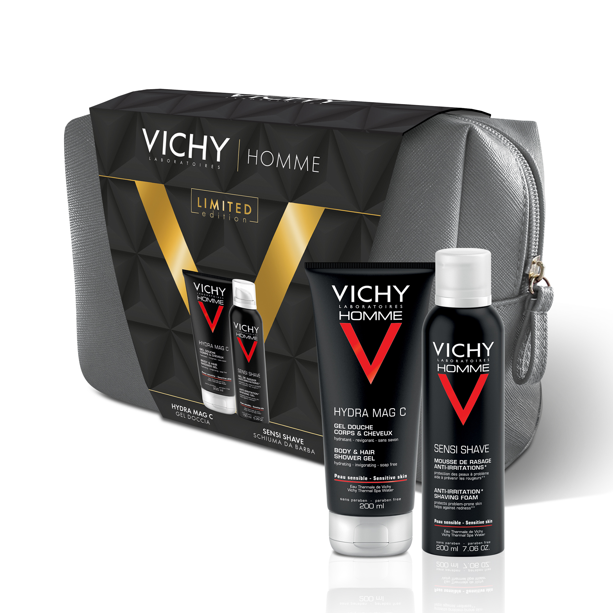 Vichy Pochette Regalo da Uomo per le esigenze specifiche della pelle maschile con Gel Doccia Hydra Mag C 200 ml + Schiuma Da Barba Sensi Shave 200 ml Vichy Pochette Regalo da Uomo per le esigenze specifiche della pelle maschile con Gel Doccia Hydra Mag C 200 ml + Schiuma Da Barba Sensi Shave 200 ml