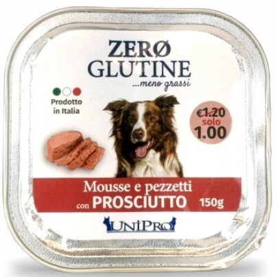 UNIPRO CANE ZERO GLUTINE MOUSSE PEZZETTI DI PROSCIUTTO 150GR (vaschetta)