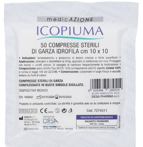 Icopiuma Compresse Sterili di Garza Idrofila 10x10 cm 50 Pezzi
