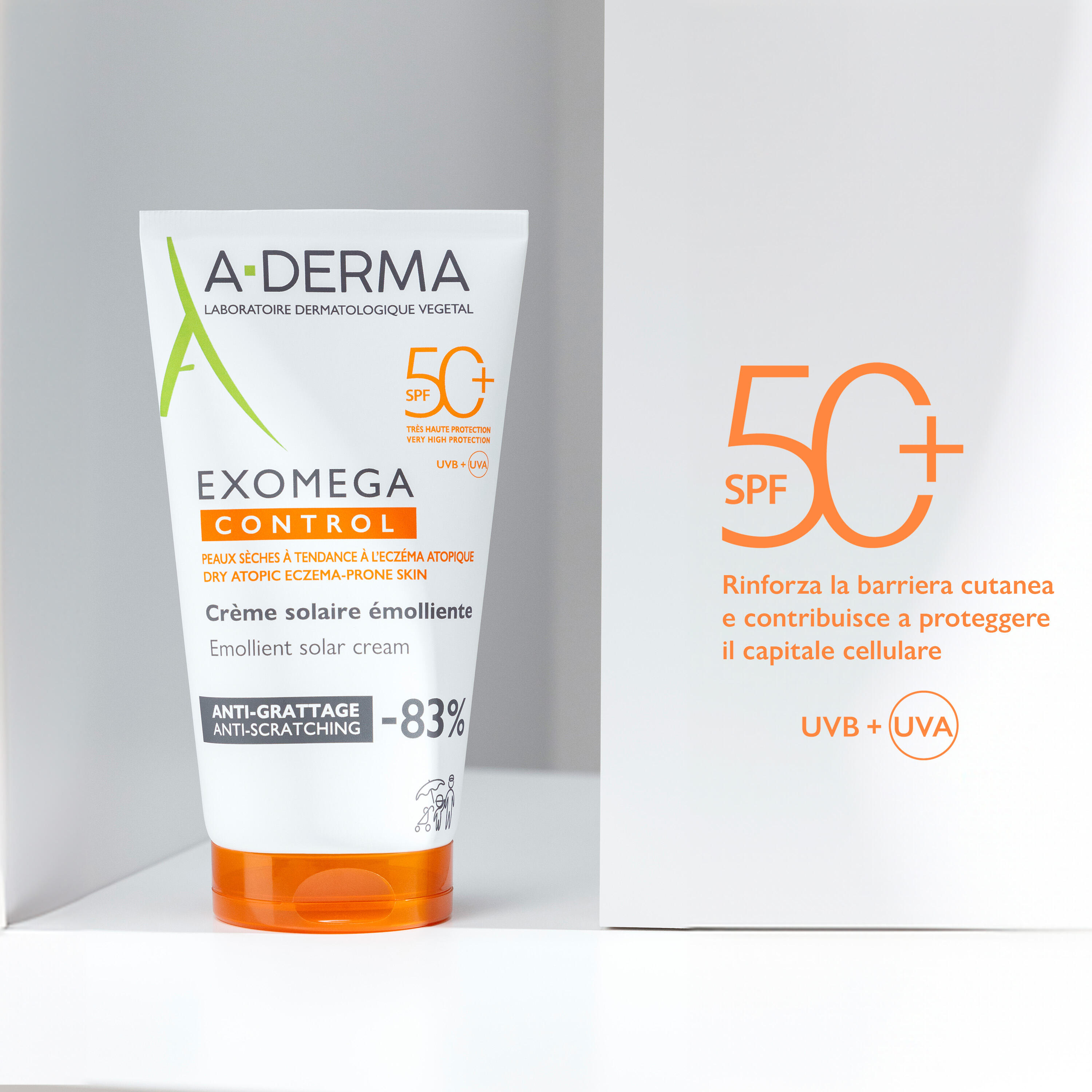 A-Derma - Exomega Control - Crema Solare Emolliente SPF50+ Viso E Corpo 150 ml