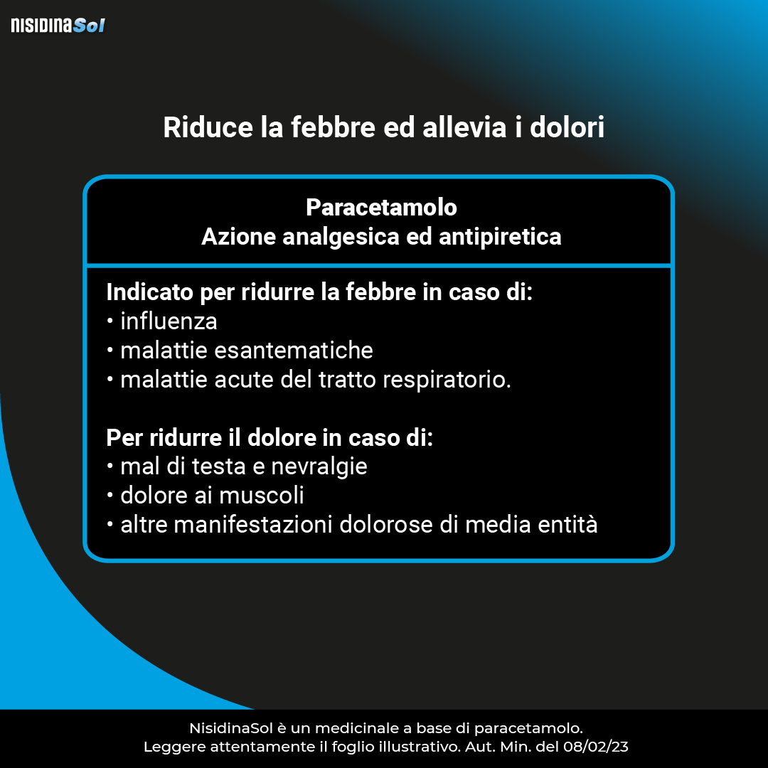 NISIDINASOL PARACETAMOLO FEBBRE E DOLORE GRANULATO PER SOLUZIONE ORALE 20 BUSTINE 500 MG NISIDINASOL PARACETAMOLO FEBBRE E DOLORE GRANULATO PER SOLUZIONE ORALE 20 BUSTINE 500 MG