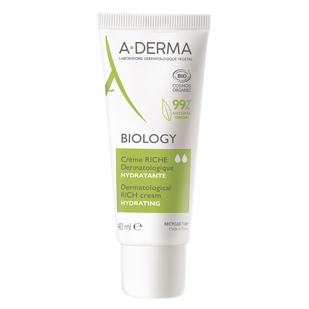 A-Derma Biology Crema ricca dermatologica idratante, Idratazione 24h,  Equilibrio e protezione della barriera cutanea, Pelle secca e fragile, 40ml 