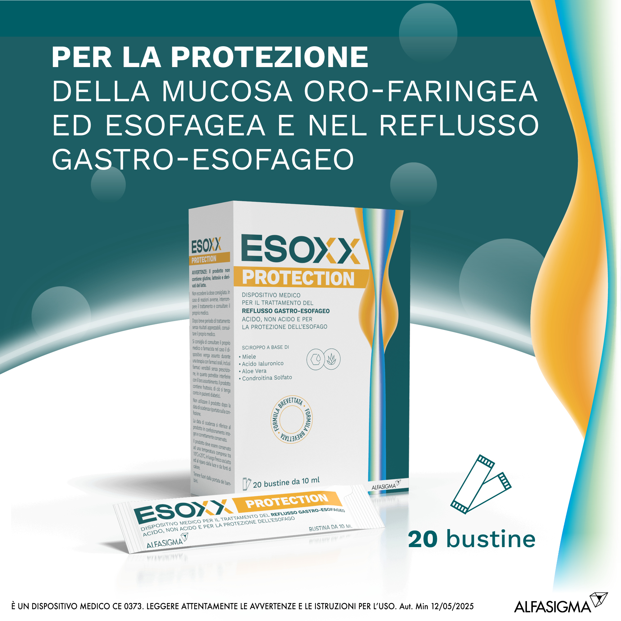 Esoxx Protection -  Dispositivo medico per sintomi da reflusso gastroesofageo, utile in caso di bruciore di stomaco -  20 bustine da 10ml