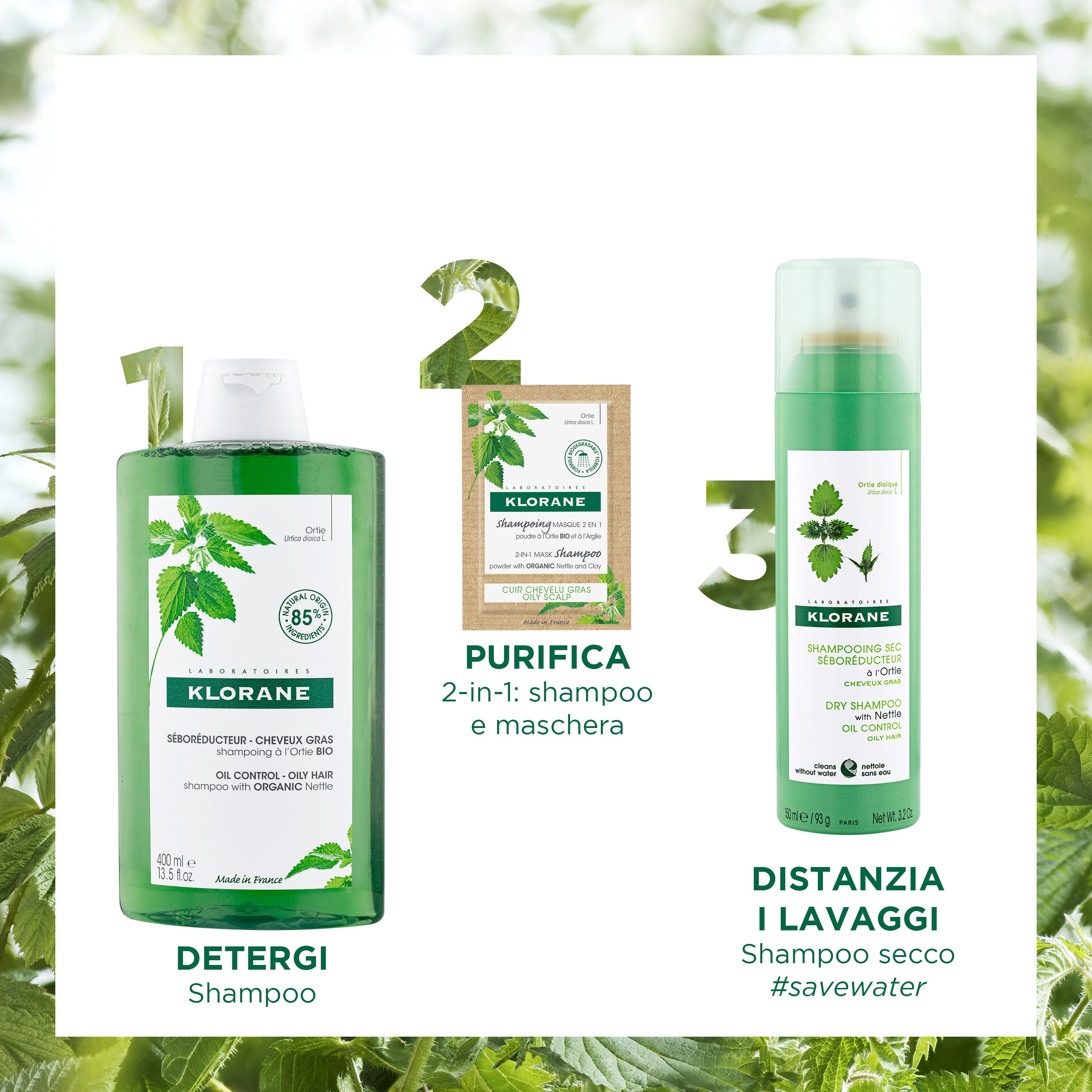 Klorane - Shampoo Maschera All'Ortica Bio E Argilla Per Cuoio Capelluto Grasso 8 Bustine