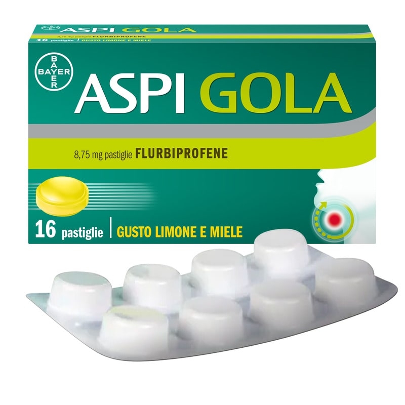 Aspi Gola Pastiglie per la gola infiammata, con 8,75 mg di Flurbiprofene, contro Faringite e Mal di gola, Gusto Limone e Miele 16 Pastiglie Orosolubili Aspi Gola Pastiglie per la gola infiammata, con 8,75 mg di Flurbiprofene, contro Faringite e Mal di gola, Gusto Limone e Miele 16 Pastiglie Orosolubili
