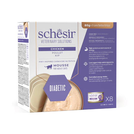 SCHESIR GATTO VETERINARY SOLUTIONS DIABETIC MOUSSE POLLO PEZZETTI TONNO FILETTI POLLO 3x80GR (lattina) - MULTIPACK