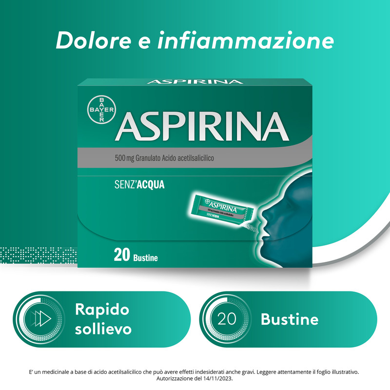 Aspirina in Granuli Senza Acqua, Antidolorifico e Antinfiammatorio contro Mal di Testa, Dolore e Infiammazione, Aroma Cola, 20 Buste orosolubili Aspirina in Granuli Senza Acqua, Antidolorifico e Antinfiammatorio contro Mal di Testa, Dolore e Infiammazione, Aroma Cola, 20 Buste orosolubili