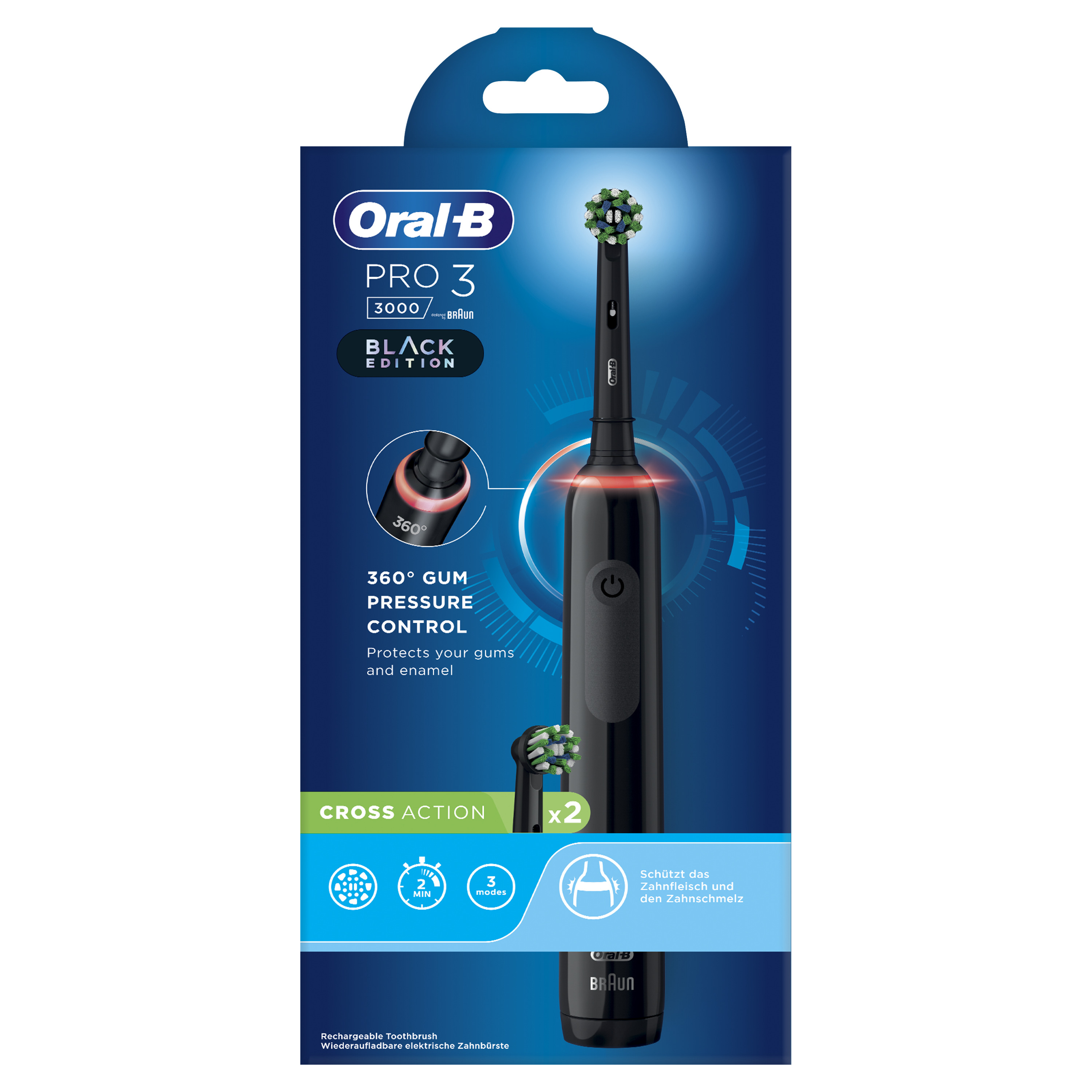 Oral-B Spazzolino Elettrico Ricaricabile Nero Pro3 3000, 2 Testine, 1 Spazzolino