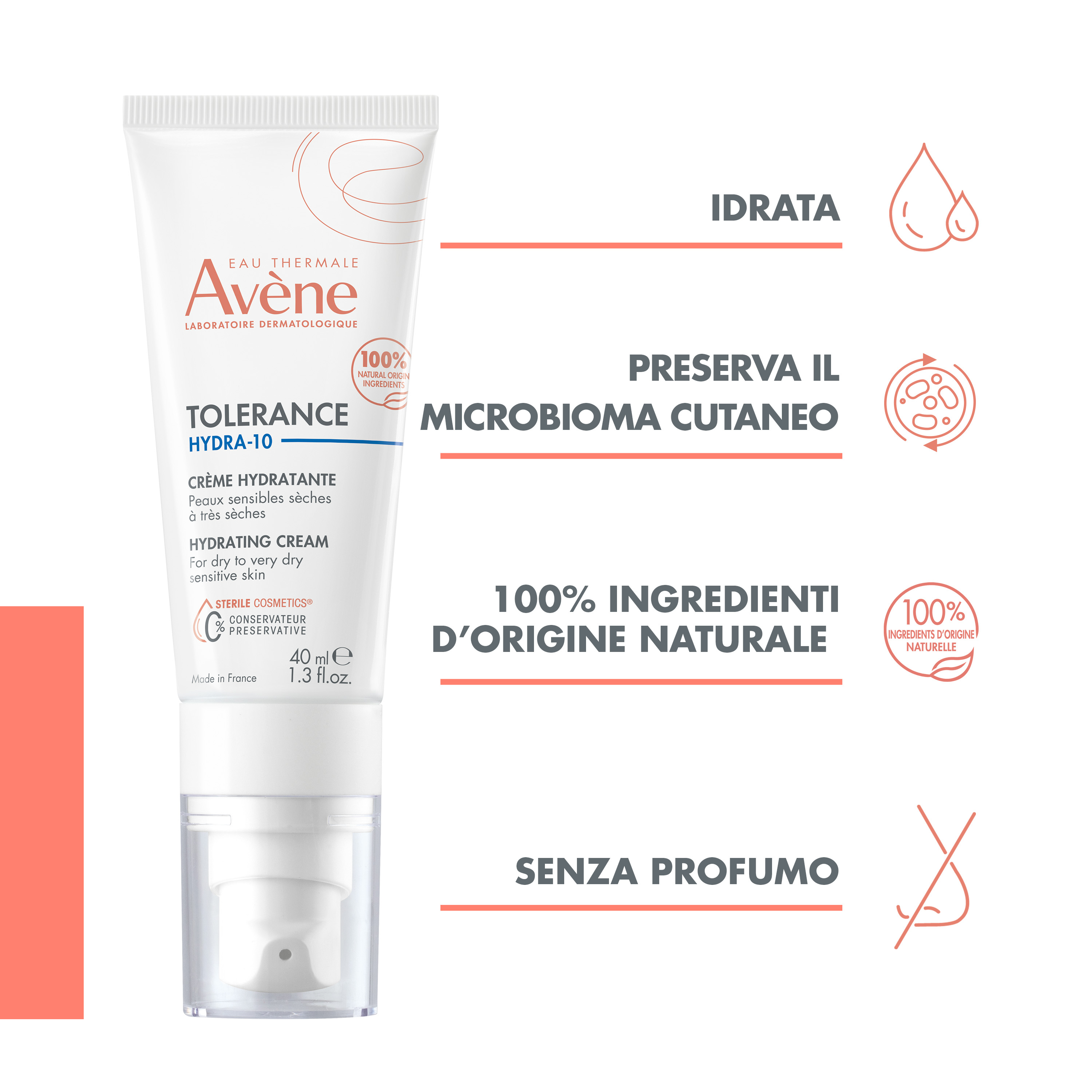 Eau Thermale Avène Tolerance Hydra 10 Crema Idratante, 48h di idratazione, con Acido ialuronico e Acqua termale, Pelle Secca e Sensibile, 40 ml