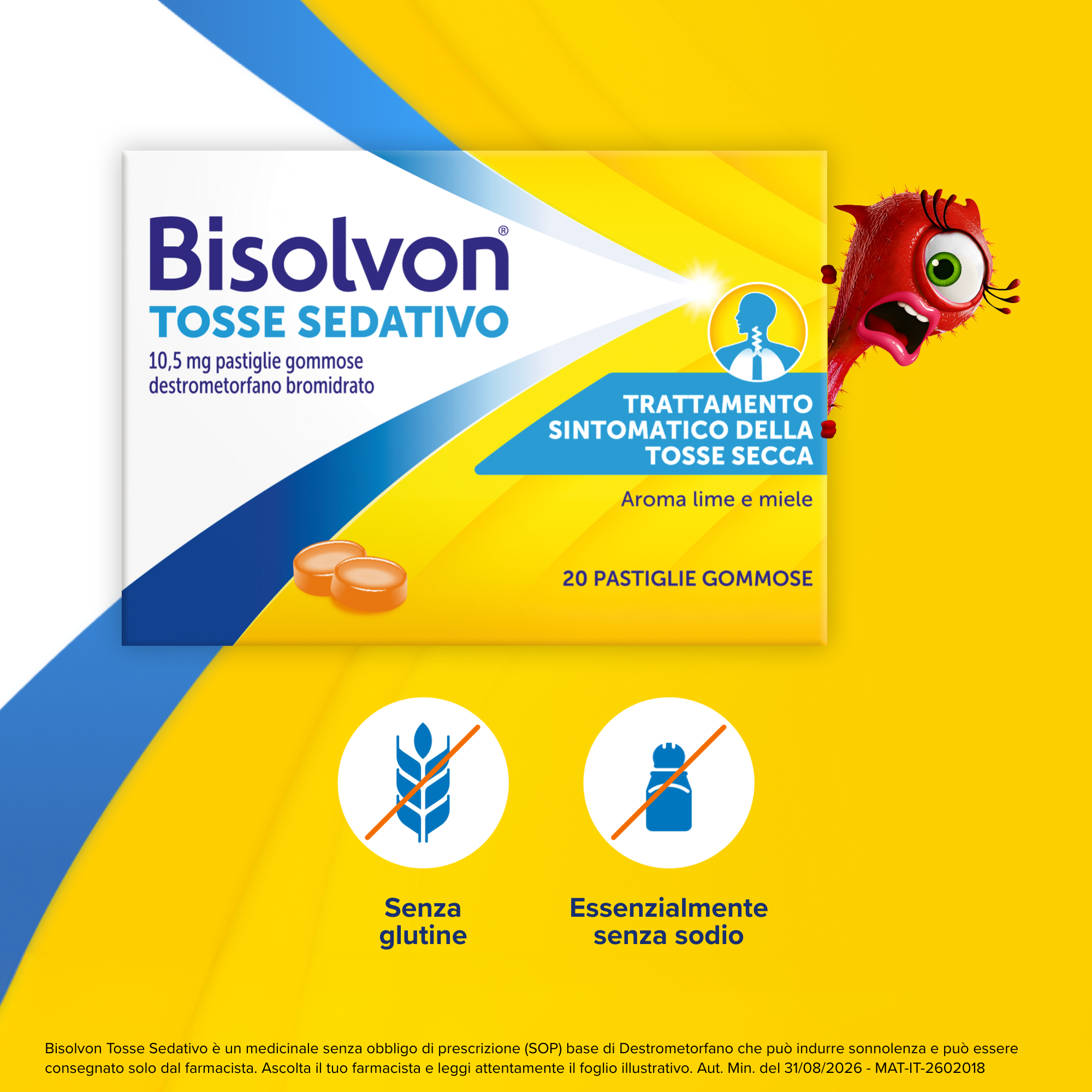 Bisolvon Tosse Sedativo 10,5 mg Gusto Miele E Lime - 20 Pastiglie Gommose Per Tosse Secca