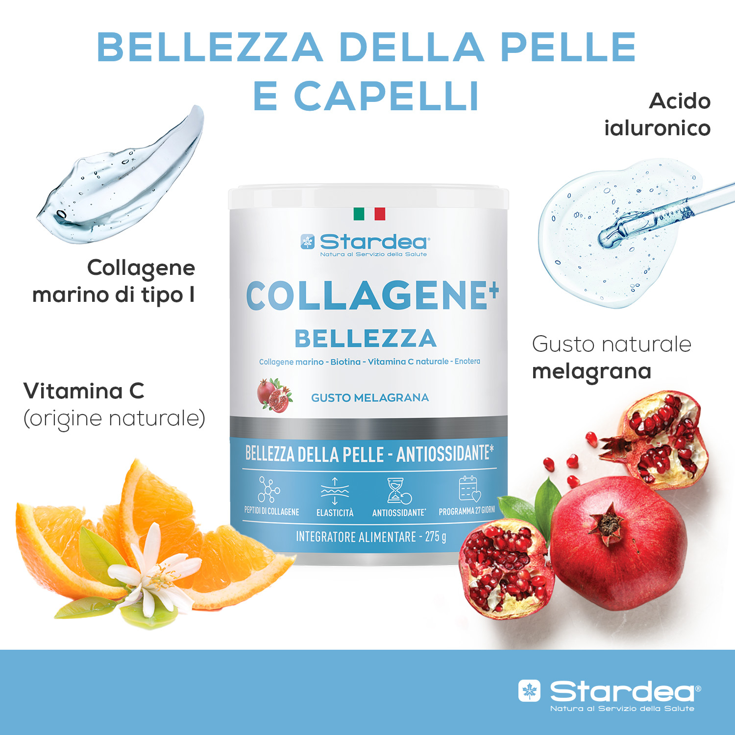 STARDEA COLLAGENE + BELLEZZA POLVERE - INTEGRATORE ALIMENTARE A BASE DI Collagene marino e Acido ialuronico per la BELLEZZA DELLA PELLE - POLVERE 275 GR. STARDEA COLLAGENE + BELLEZZA POLVERE - INTEGRATORE ALIMENTARE A BASE DI Collagene marino e Acido ialuronico per la BELLEZZA DELLA PELLE - POLVERE 275 GR.