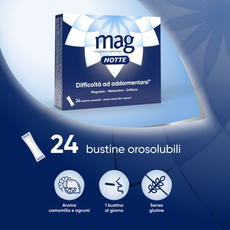 Mag Notte, Integratore a Base di Melatonina, Magnesio e Griffonia per Dormire Bene, Favorire il Rilassamento e Qualità del Sonno, Gusto Agrumi e Camomilla Mag Notte, Integratore a Base di Melatonina, Magnesio e Griffonia per Dormire Bene, Favorire il Rilassamento e Qualità del Sonno, Gusto Agrumi e Camomilla
