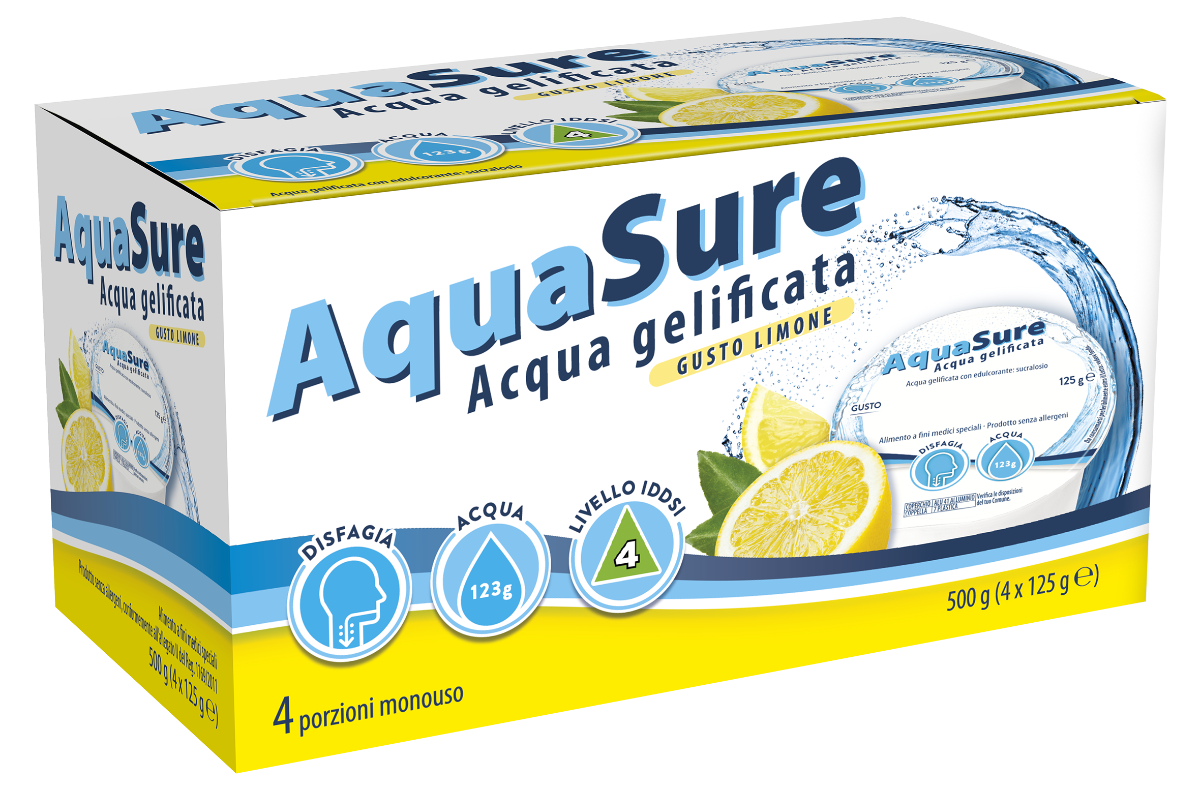 AquaSure Acqua Gelificata per il trattamento dietetico di soggetti affetti da disfagia e problemi della deglutizione 4x125 g