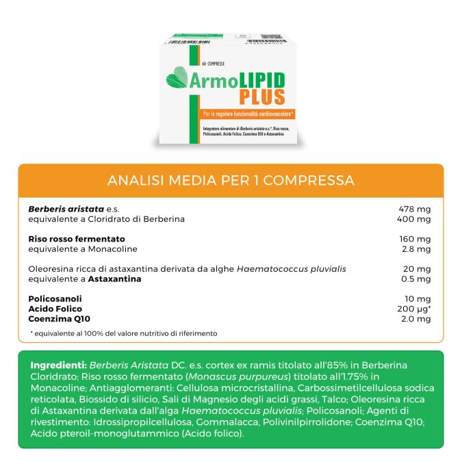 ArmoLipid Plus - Integratore per il colesterolo - 30 compresse - Confezione Italiana Originale