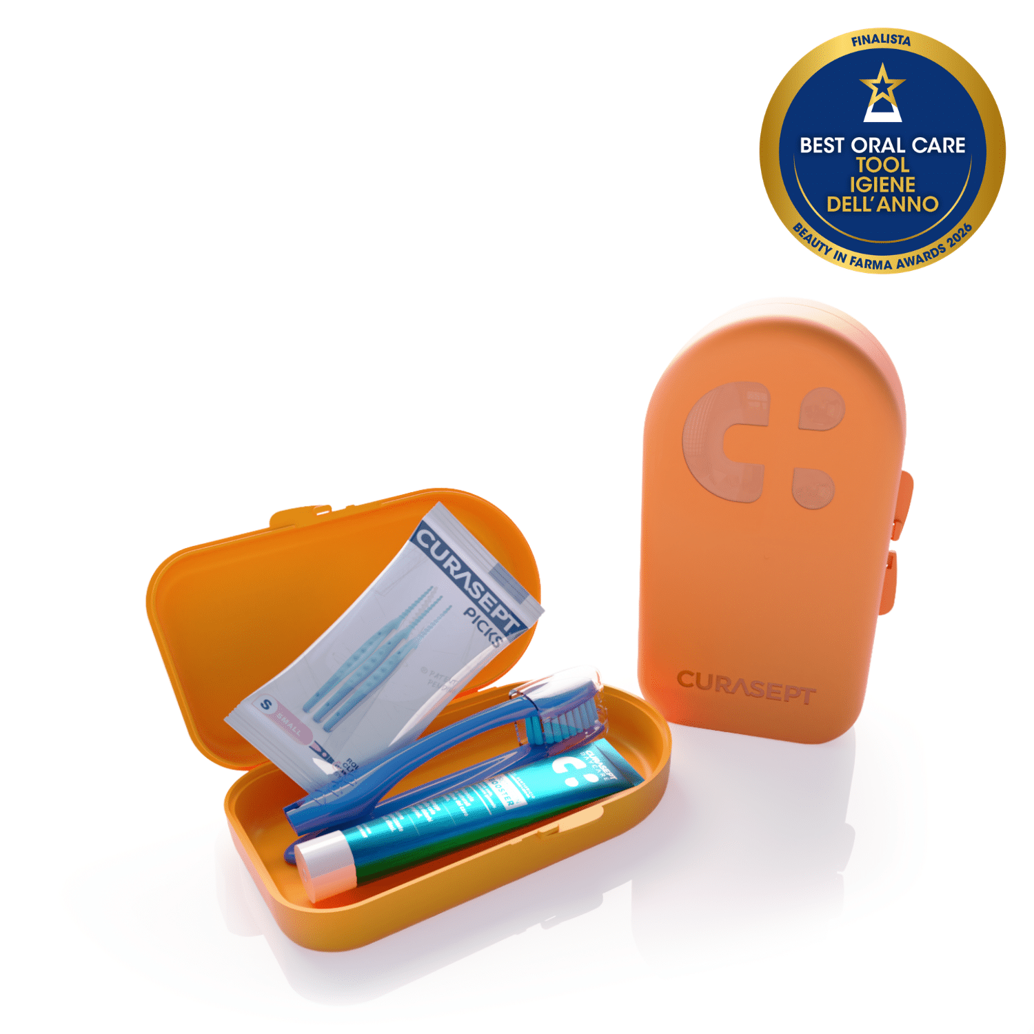 Curasept - Travel Kit - Spazzolino Softline 0,15 + Dentifricio 20 ml + Pick - Colore Arancione