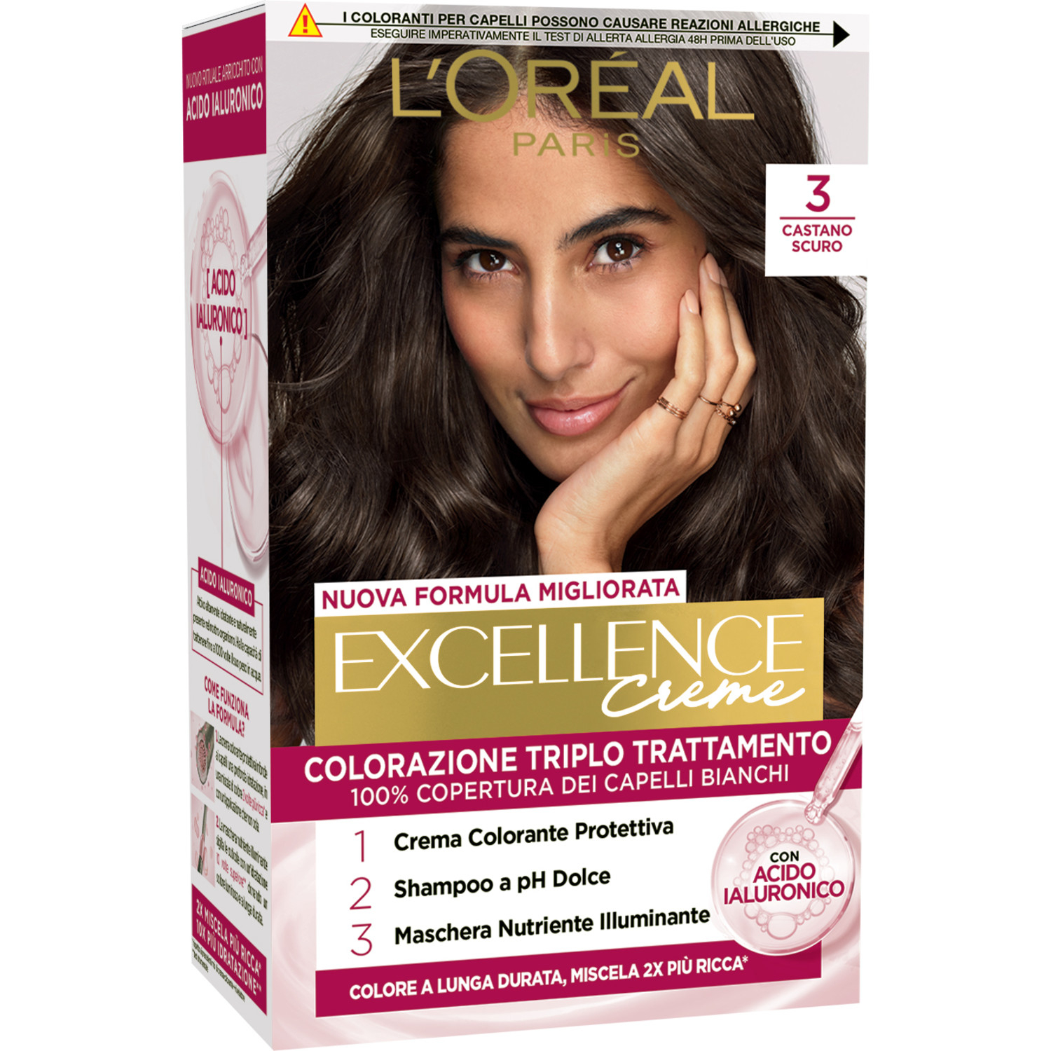 L'Oréal Paris Colorazione Triplo Trattamento Excellence, Con Acido Ialuronico, 100% Copertura Capelli Bianchi, Per Capelli Più Idratati, Castano Scuro (3)