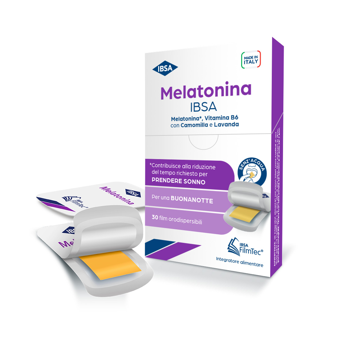 MELATONINA IBSA - Integratore alimentare a base i melatonina, vitamina B6 con camomilla e lavanda per favorire il sonno e migliorarne la qualità  - 30FILM ORALI