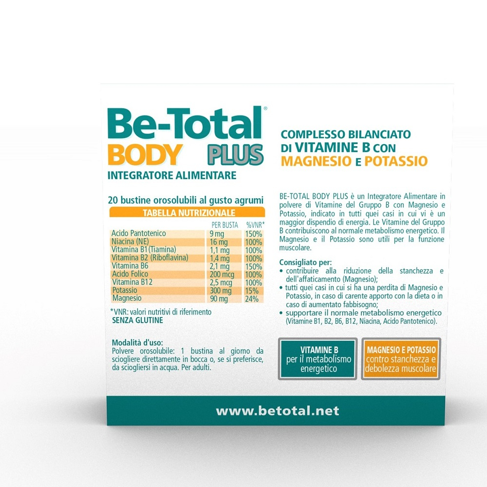 Be-Total Body Plus Integratore Alimentare Vitamina B Magnesio Potassio per Adulti 20 Bustine Be-Total Body Plus Integratore Alimentare Vitamina B Magnesio Potassio per Adulti 20 Bustine