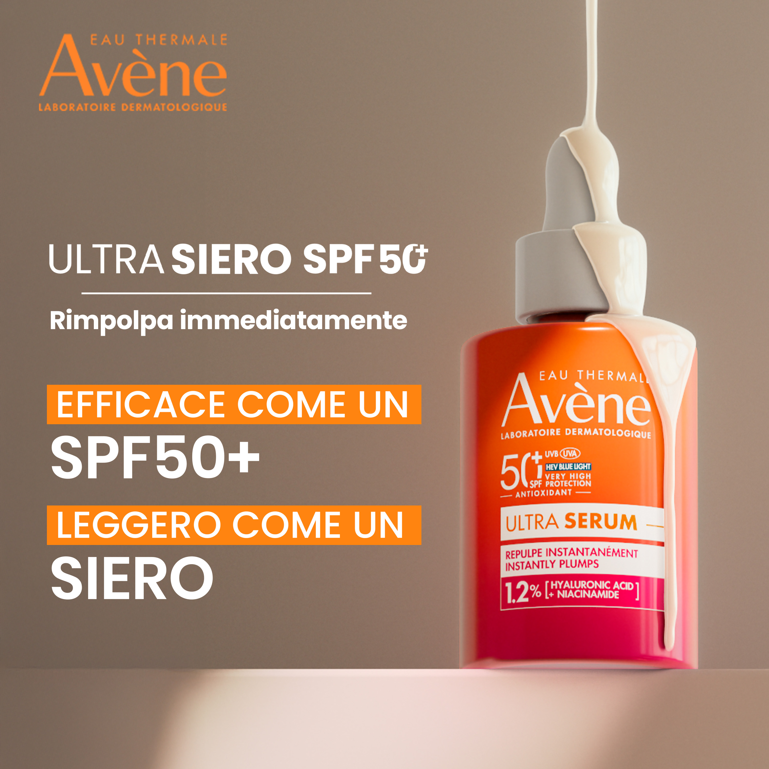 Avène - Eau Thermale Ultra Siero SPF50+ Rimpolpa Immediatamente - Protezione Solare Molto Alta Viso 30 ml
