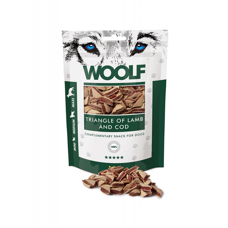 MAST WOOLF CANE SNACK MINI/MEDIUM/MAXI TRIANGOLI AGNELLO MERLUZZO 100GR