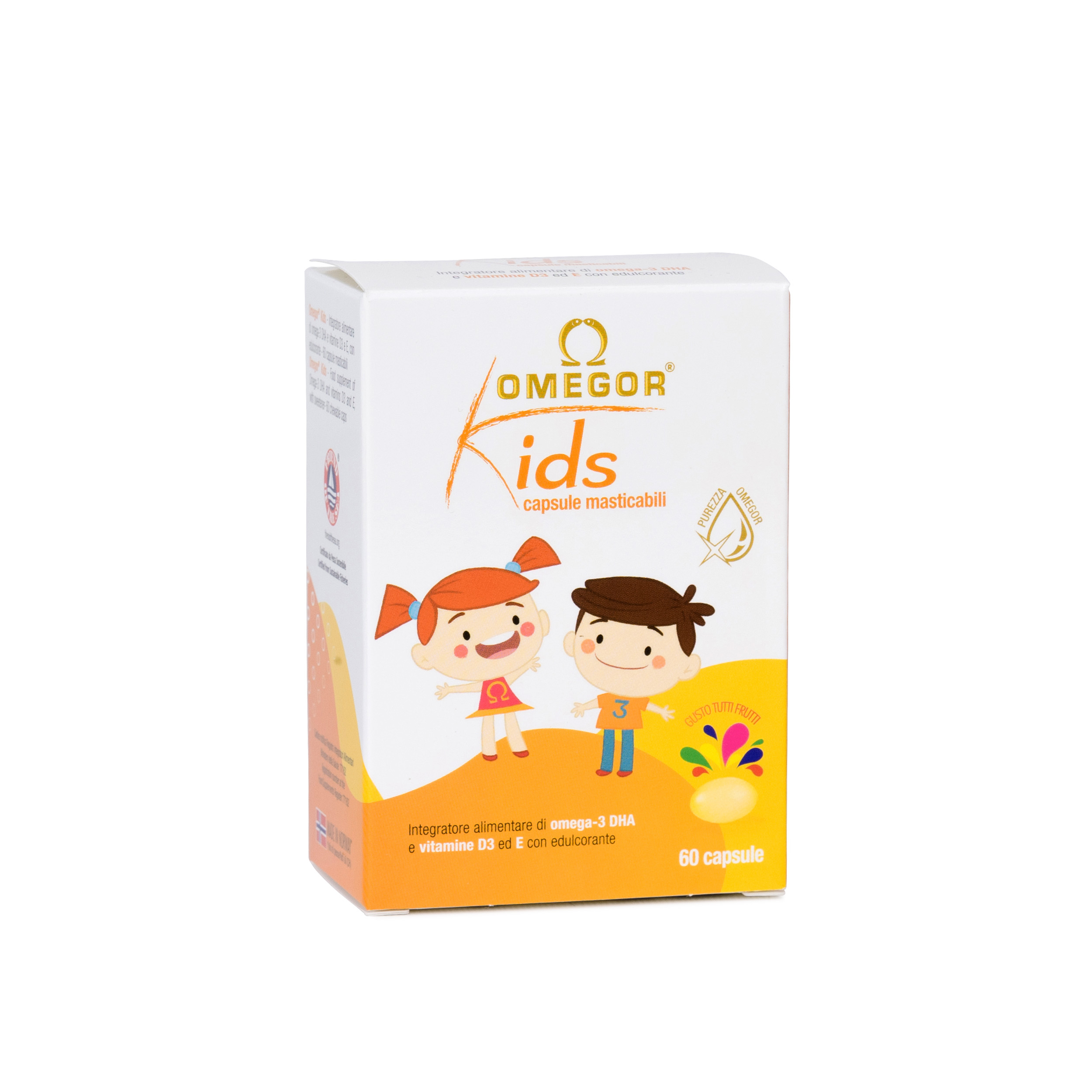Omegor Kids - Integratore per lo sviluppo fisico ed intellettivo - gusto tutti frutti - 60 capsule masticabili
