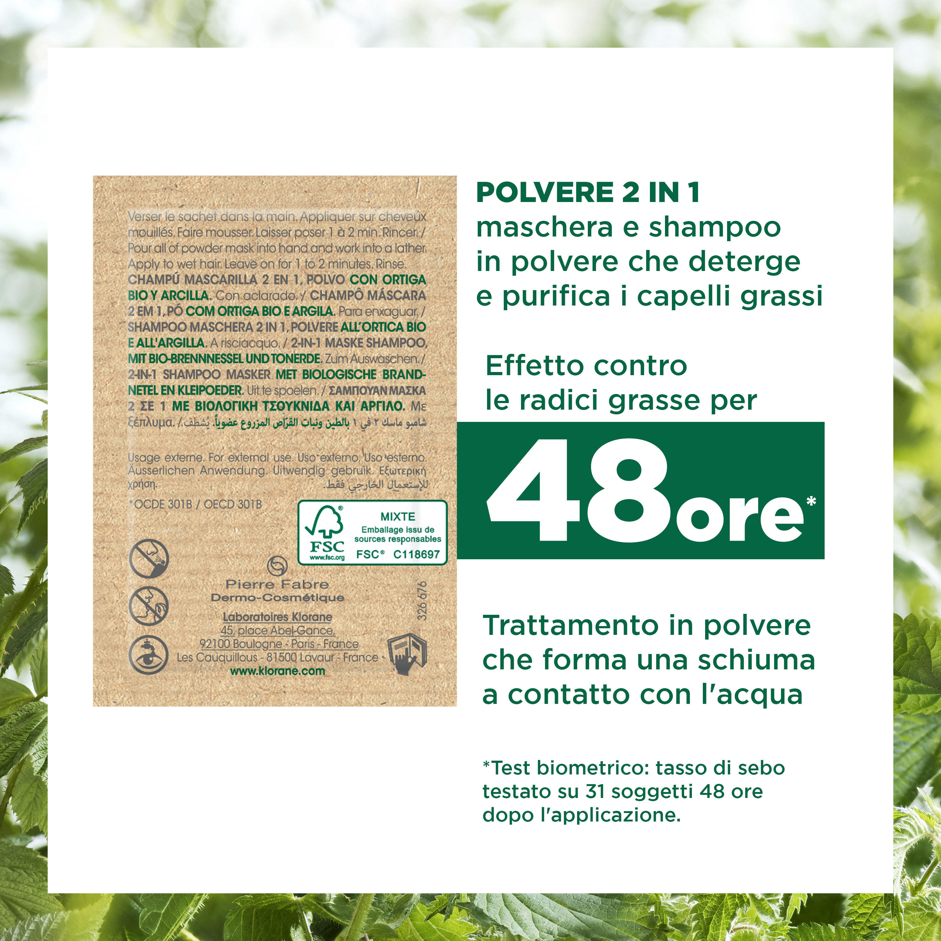 Klorane - Shampoo Maschera All'Ortica Bio E Argilla Per Cuoio Capelluto Grasso 8 Bustine