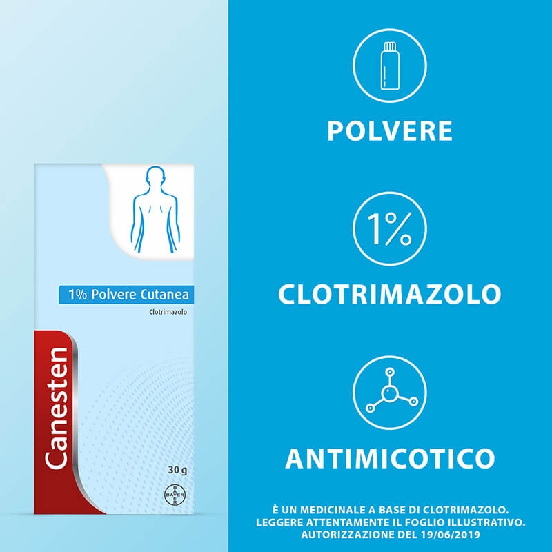 Canesten Polvere cutanea, per il Trattamento di Micosi, Funghi della Pelle e Piedi, a base di Clotrimazolo 1%,  con azione Antifungina e Antimicotica, Flacone da 30gr