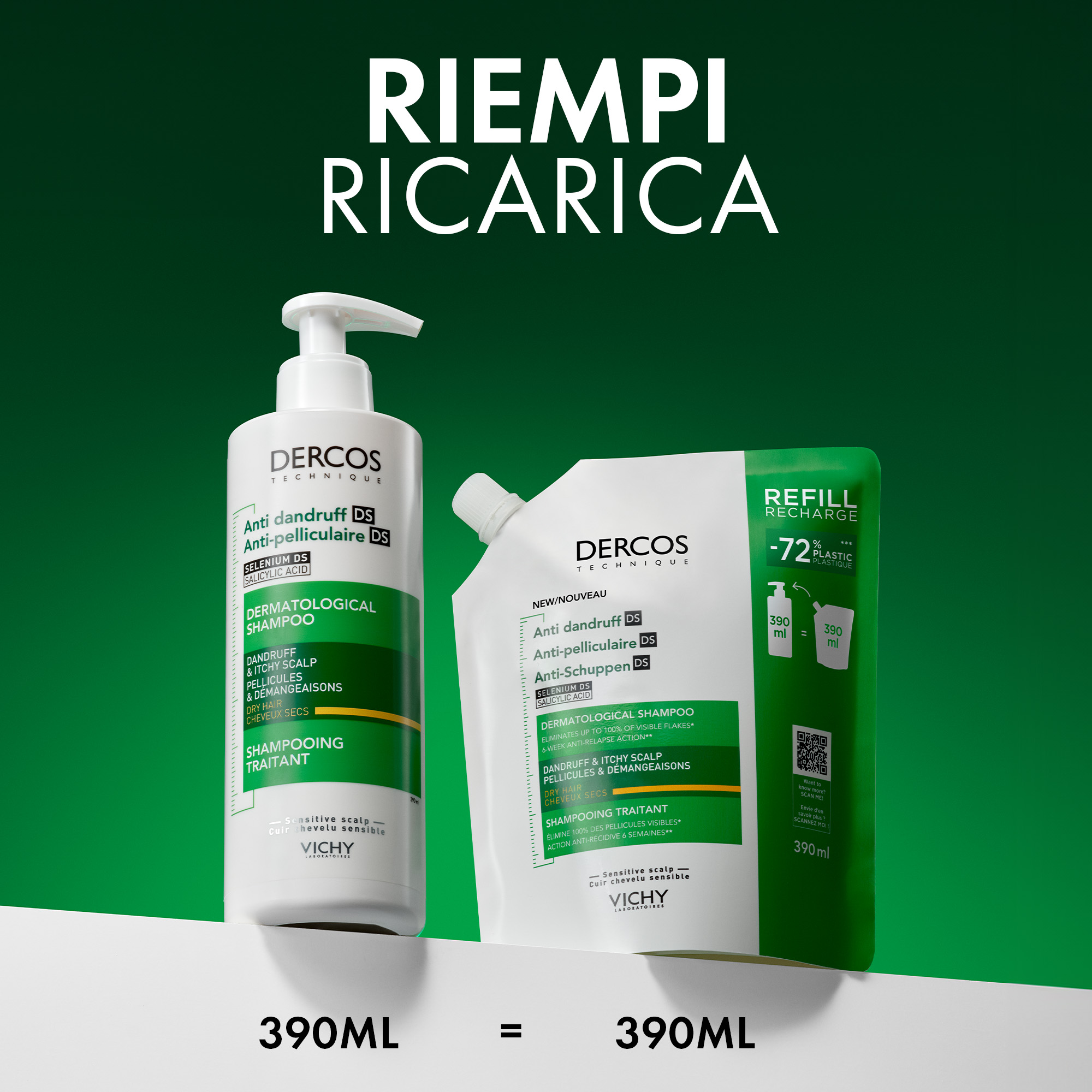 Vichy Dercos Technique - Shampoo Antiforfora Per Capelli Da Normali A Grassi Eco-Ricarica 390 ml