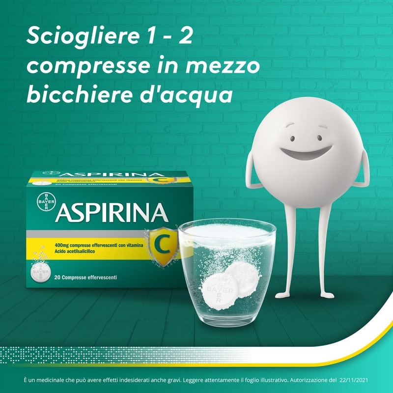 Aspirina C, contro sintomi di Raffreddore, Influenza e Febbre, 400 mg di Acido Acetilsalicilico + 240 mg di Vitamina C, antinfiammatorio e analgesico, 20 Compresse Effervescenti Aspirina C, contro sintomi di Raffreddore, Influenza e Febbre, 400 mg di Acido Acetilsalicilico + 240 mg di Vitamina C, antinfiammatorio e analgesico, 20 Compresse Effervescenti