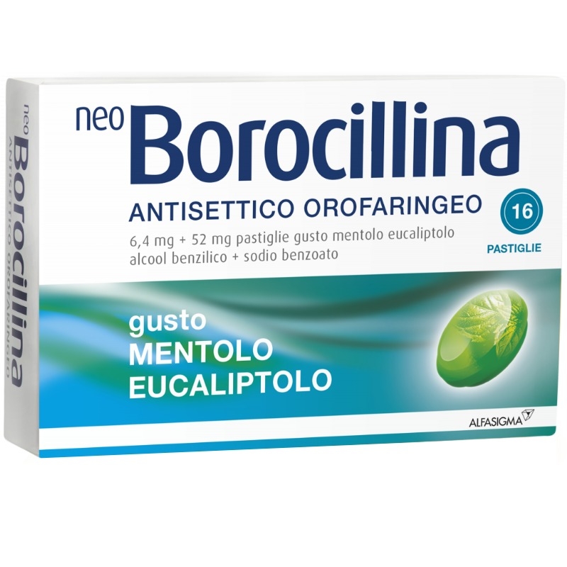 NeoBorocillina Antisettico Orofaringeo 6,4+52 mg Gusto Mentolo Eucaliptolo 16 Pastiglie NeoBorocillina Antisettico Orofaringeo 6,4+52 mg Gusto Mentolo Eucaliptolo 16 Pastiglie