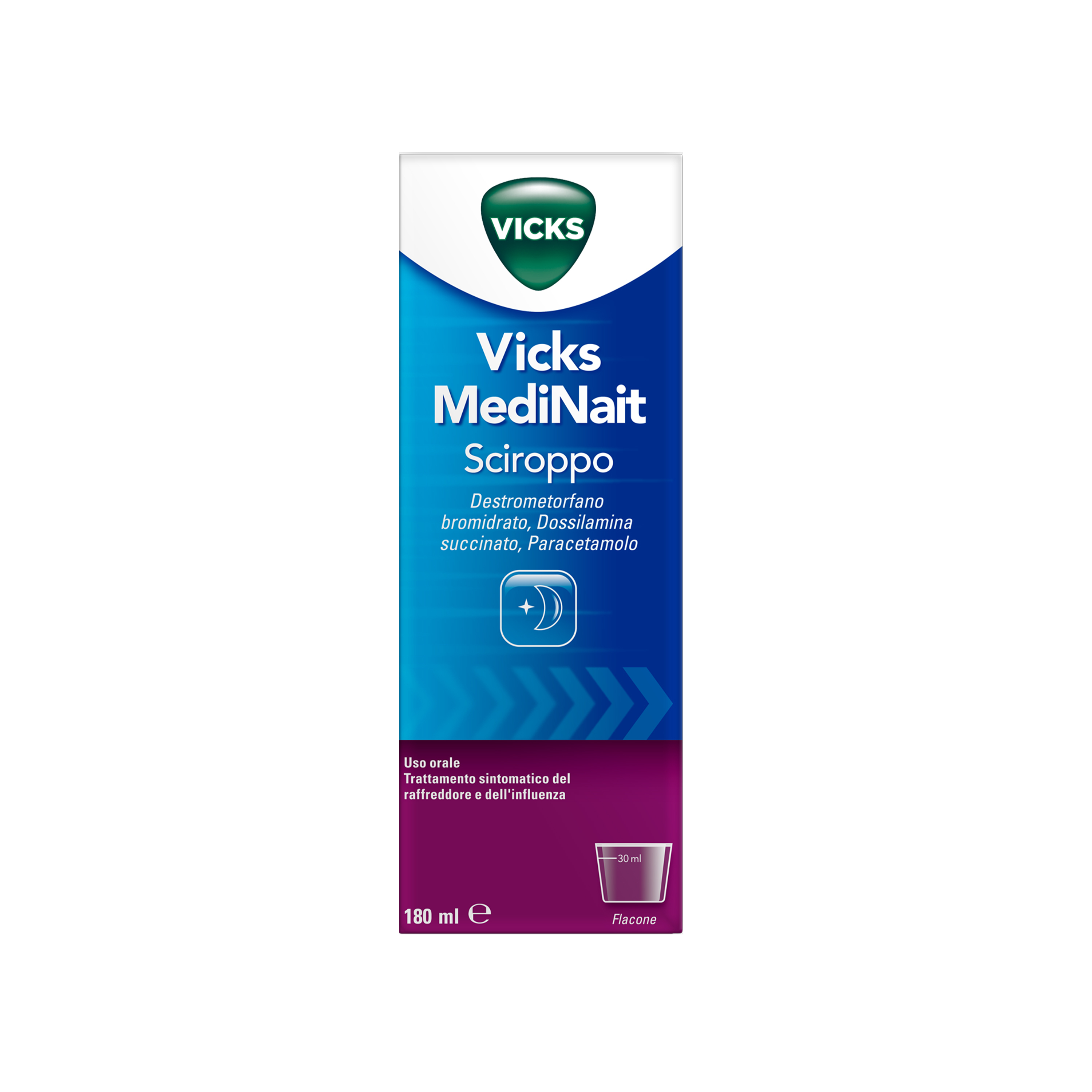 Vicks MediNait Sciroppo Contro I Sintomi Di Influenza, Raffreddore, Febbre E Tosse Flacone Da 180 ml