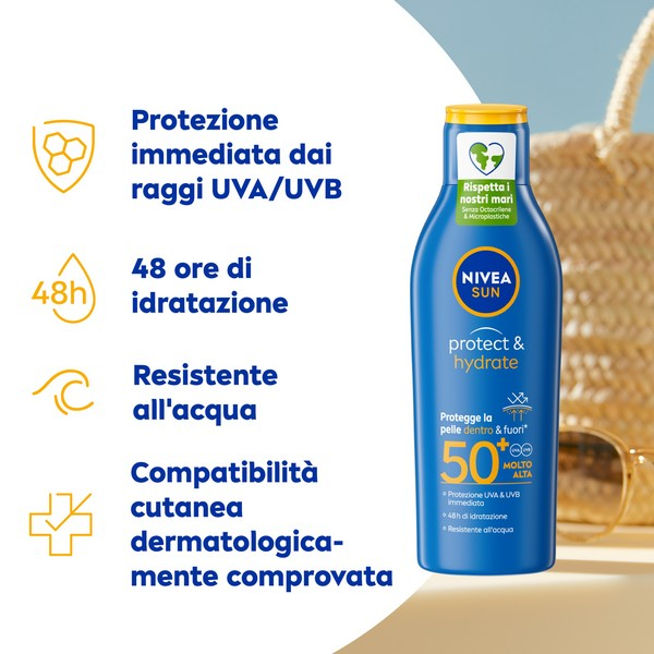 Nivea Sun Latte Solare Protect & Hydrate SPF50+ 100 ml, Crema solare 50+ idratante formato viaggio Nivea Sun Latte Solare Protect & Hydrate SPF50+ 100 ml, Crema solare 50+ idratante formato viaggio