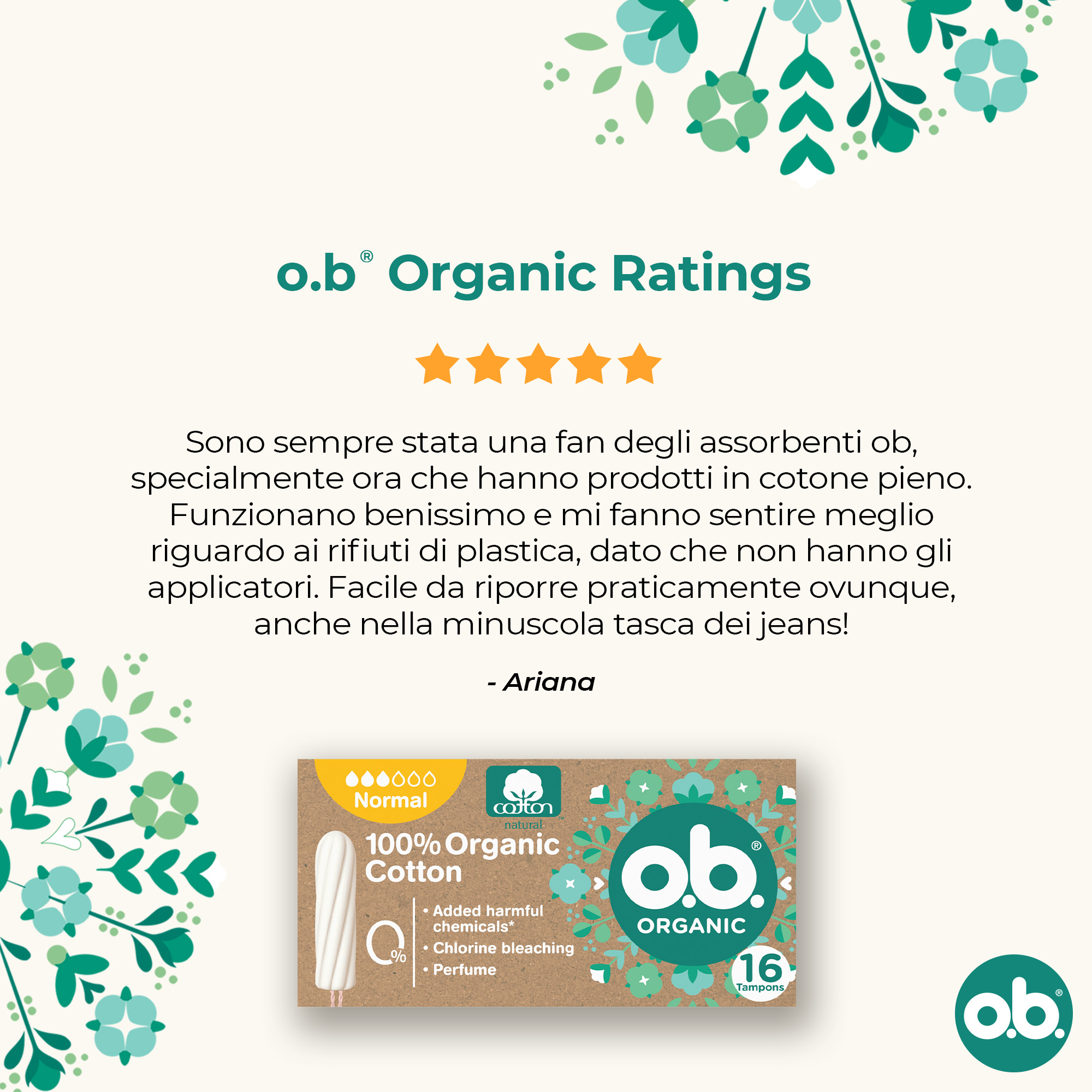 o.b. Organic Tamponi, Normal, 16 Tamponi da 50 G, White o.b. Organic Tamponi, Normal, 16 Tamponi da 50 G, White