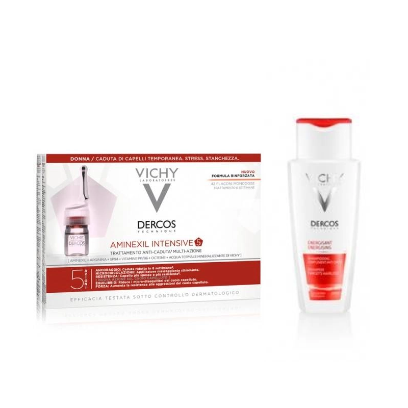 Vichy Dercos Aminexil Intensive 5 Trattamento Anticaduta donna  42 fiale da 6 ml & Vichy Dercos Shampoo Energy+ 200 ml