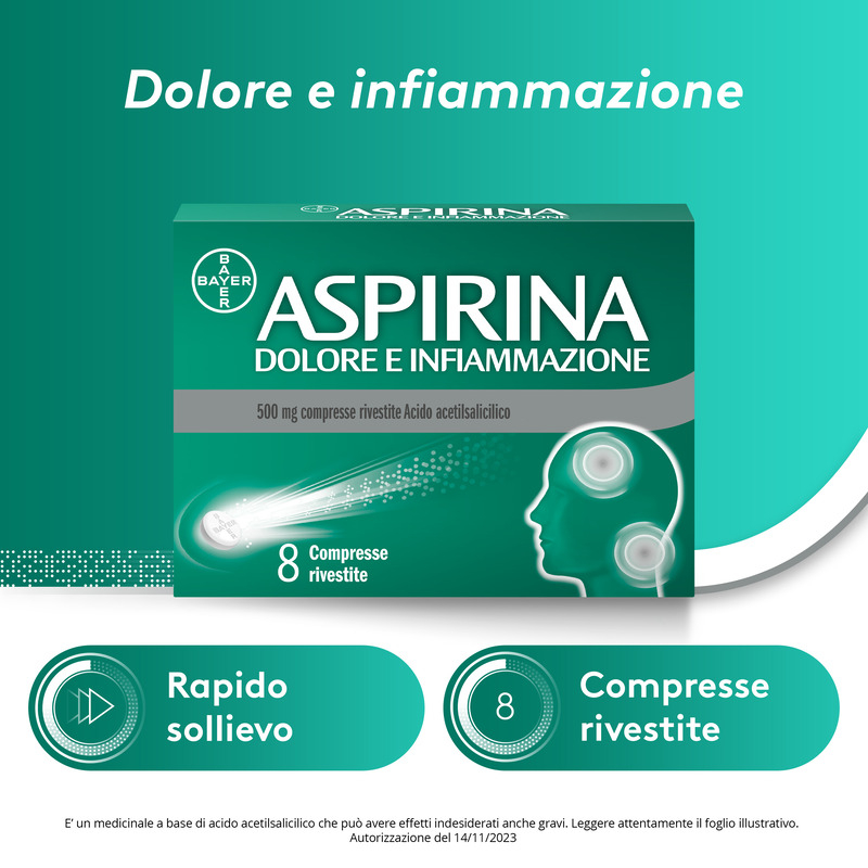 Aspirina Dolore e Infiammazione, Antidolorifico e Antinfiammatorio, contro Dolori Muscolari e Articolari, Cervicale, Mal di Testa, Mal di Schiena, 8 Compresse Rivestite Aspirina Dolore e Infiammazione, Antidolorifico e Antinfiammatorio, contro Dolori Muscolari e Articolari, Cervicale, Mal di Testa, Mal di Schiena, 8 Compresse Rivestite