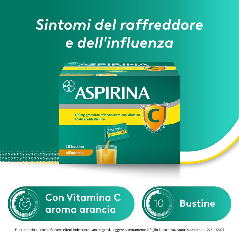 Aspirina C, contro sintomi di Raffreddore, Influenza e Febbre, 400 mg di Acido Acetilsalicilico + 240 mg di Vitamina C, antinfiammatorio e analgesico, Gusto Arancia, 10 Bustine Aspirina C, contro sintomi di Raffreddore, Influenza e Febbre, 400 mg di Acido Acetilsalicilico + 240 mg di Vitamina C, antinfiammatorio e analgesico, Gusto Arancia, 10 Bustine