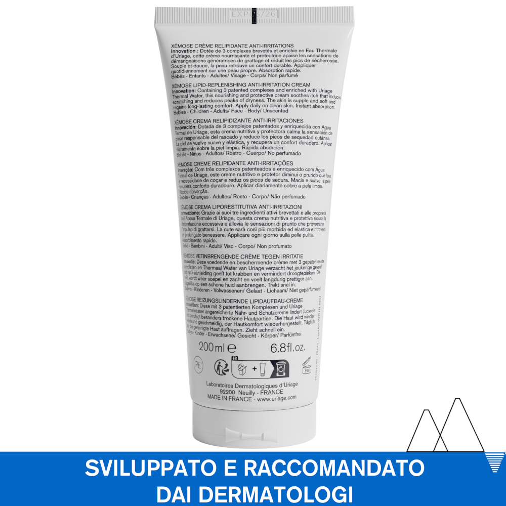 Uriage Xémose Crema Liporestitutiva Anti-irritazioni per pelle secca, a tendenza atopica di viso e corpo che lenisce le sensazioni di prurito e dà comfort a lunga durata 200 ml