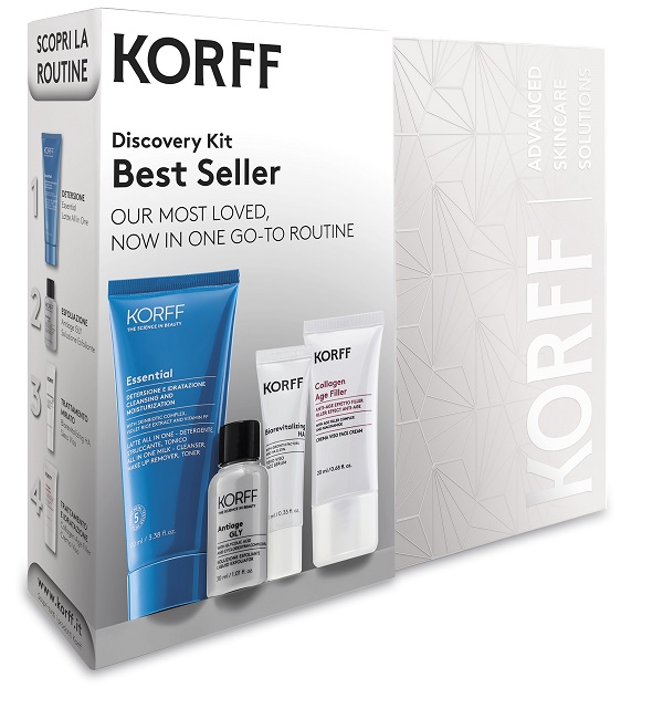 Korff Discovery kit best of latte detergente 100 ml + soluzione esfoliante 30 ml + HA siero 10 ml + crema Collagen age 20 ml