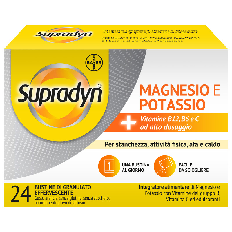Supradyn Magnesio e Potassio Integratore Multivitaminico con Vitamine B, Vitamina C e Minerali, in caso di Caldo, Afa e Sport, Gusto Arancia, 24 Bustine Effervescenti