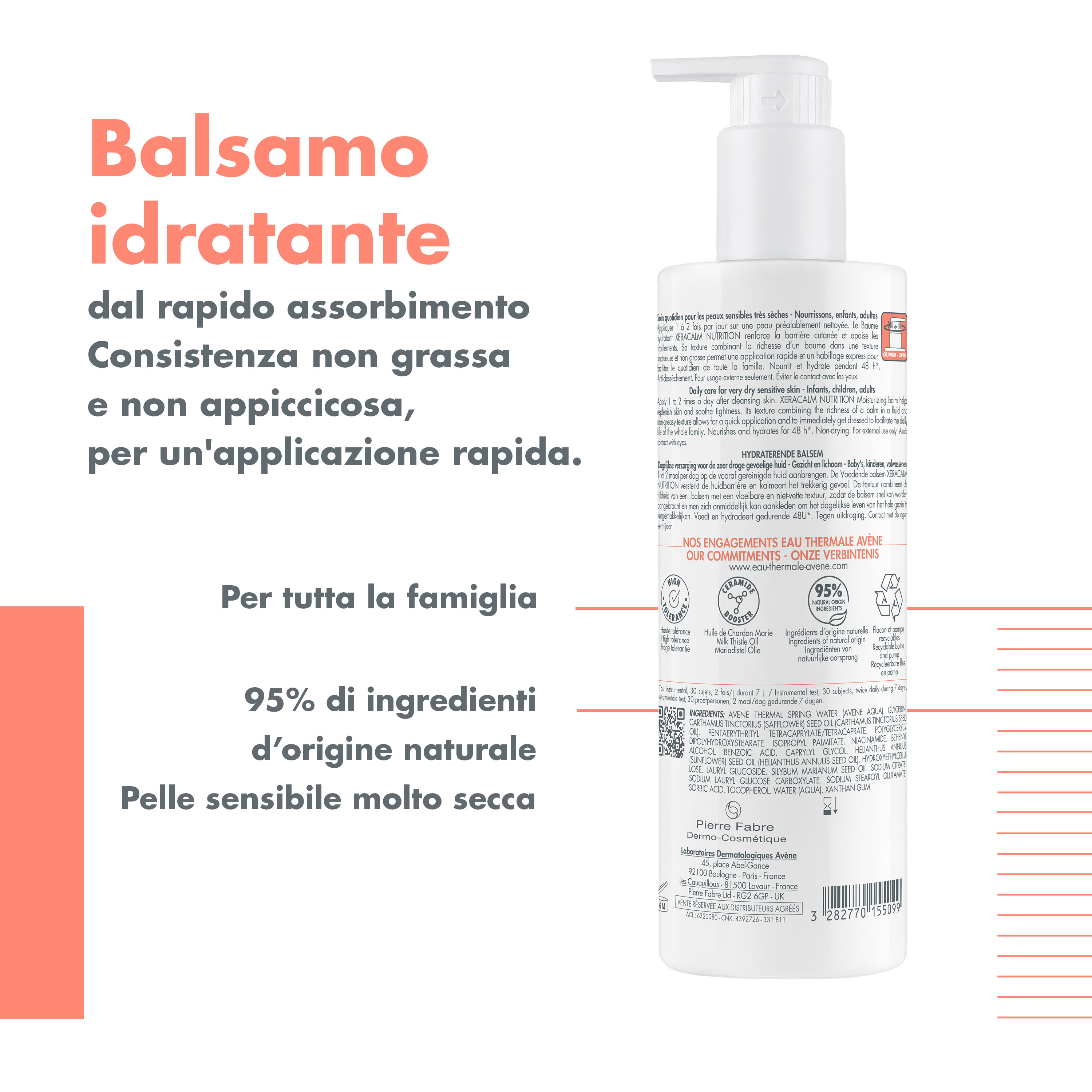 Eau Thermale Avène Xeracalm Nutrition Balsamo Idratante, viso e corpo, Pelle sensibile da secca a molto secca per tutta la famiglia, 400ml 