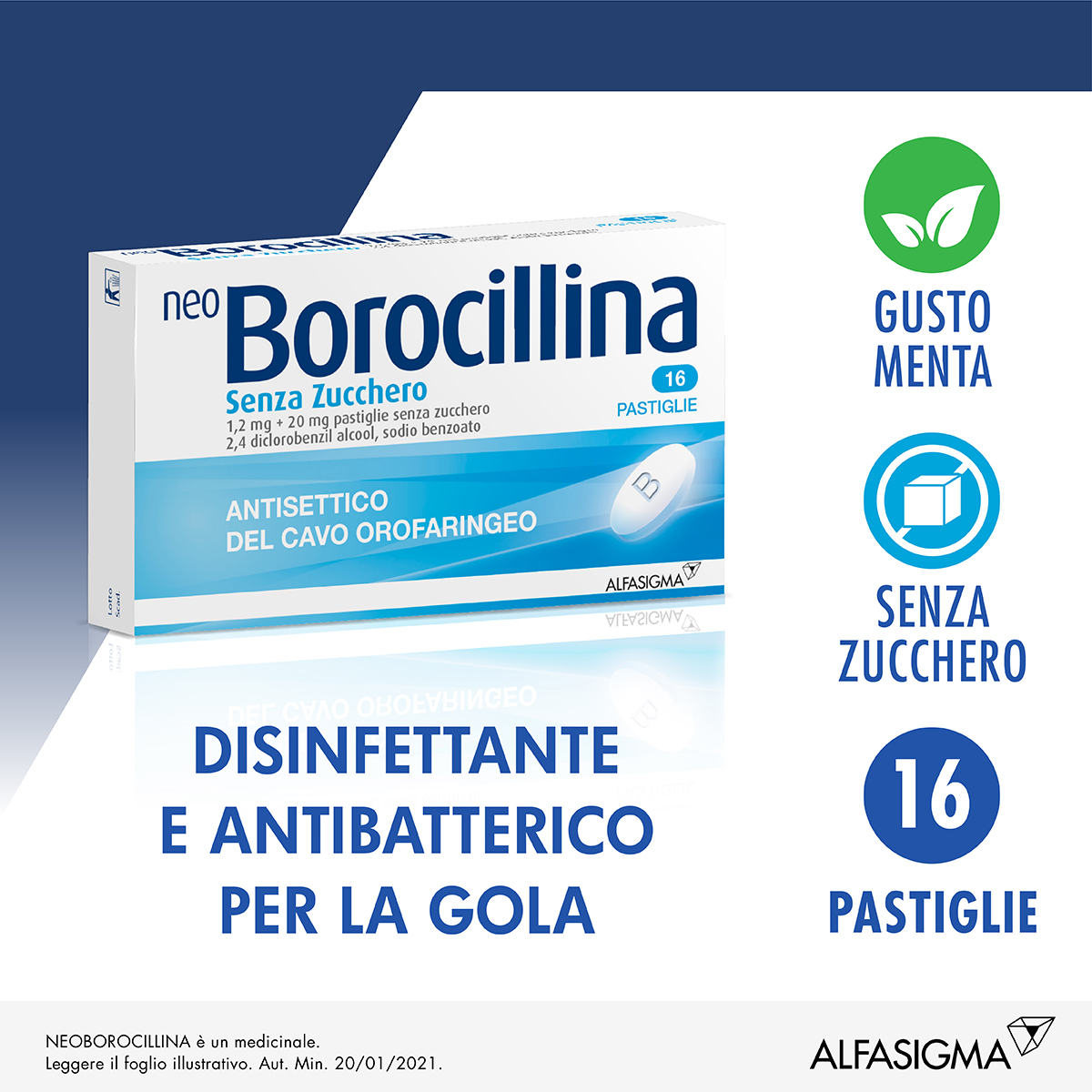 Neoborocillina Senza Zucchero 1,2mg + 20mg Antisettico 16 Pastiglie mal di gola