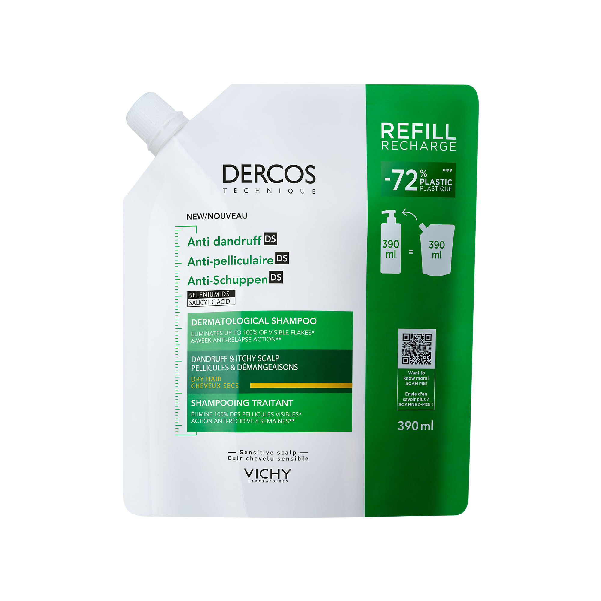 Vichy Dercos shampoo trattante antiforfora DS per capelli da normali a grassi eco ricarica 390ml