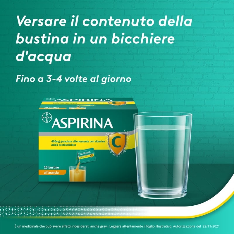 Aspirina C, contro sintomi di Raffreddore, Influenza e Febbre, 400 mg di Acido Acetilsalicilico + 240 mg di Vitamina C, antinfiammatorio e analgesico, Gusto Arancia, 10 Bustine Aspirina C, contro sintomi di Raffreddore, Influenza e Febbre, 400 mg di Acido Acetilsalicilico + 240 mg di Vitamina C, antinfiammatorio e analgesico, Gusto Arancia, 10 Bustine
